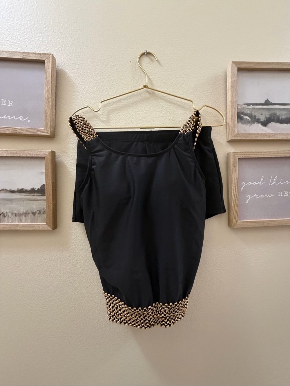 Black Women's Swim Top with Gold Trim